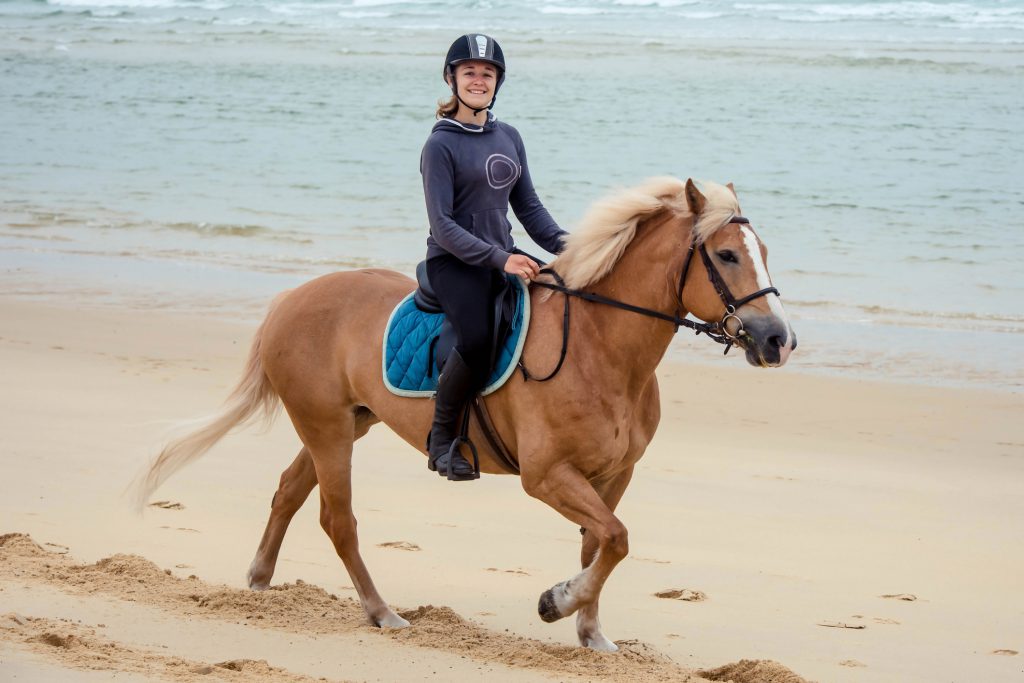 pretty young woman riding a horse on a beach with water, sand, brown horse, blue saddlepad, woman wearing a helmet